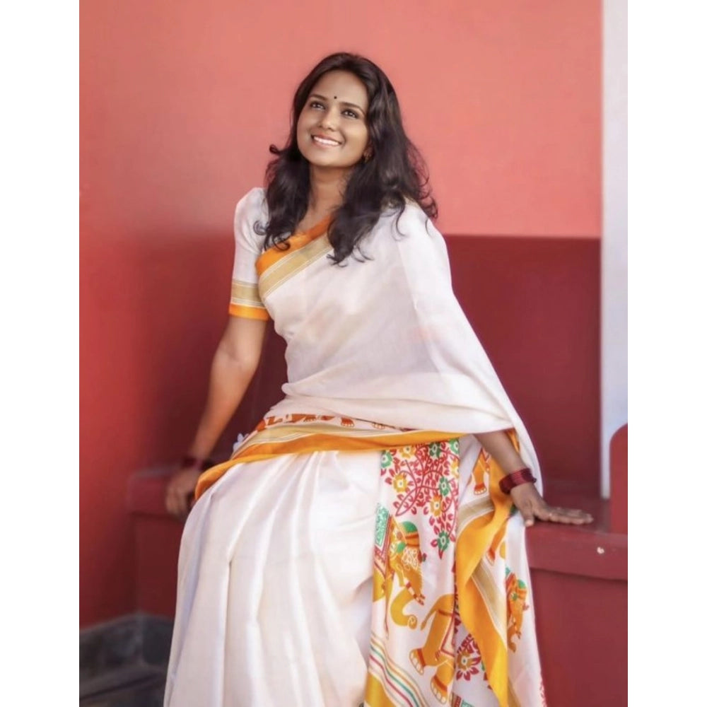 Women'S Linen Printed Saree With Unstitched Blouse 5.5Mtr (Whi