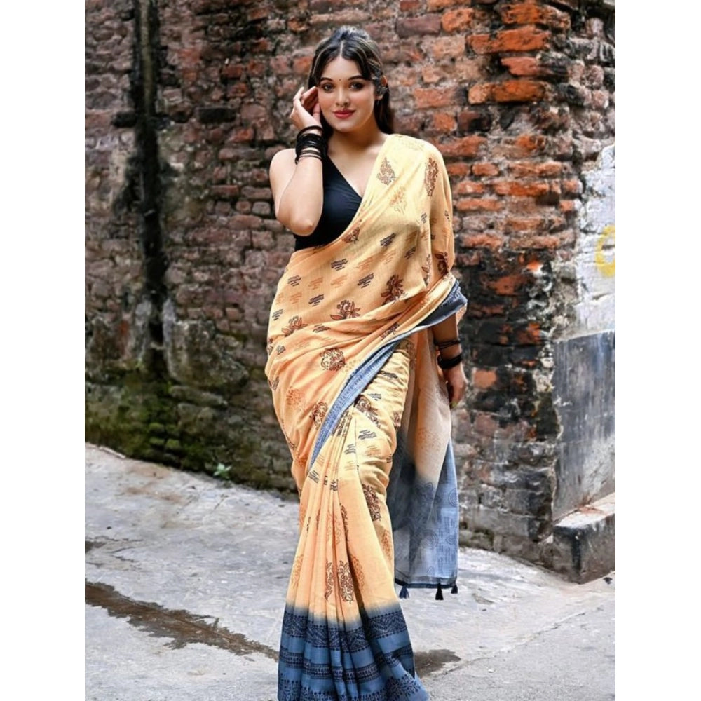 Women'S Linen Printed Saree With Unstitched Blouse 5.5Mtr (Pea