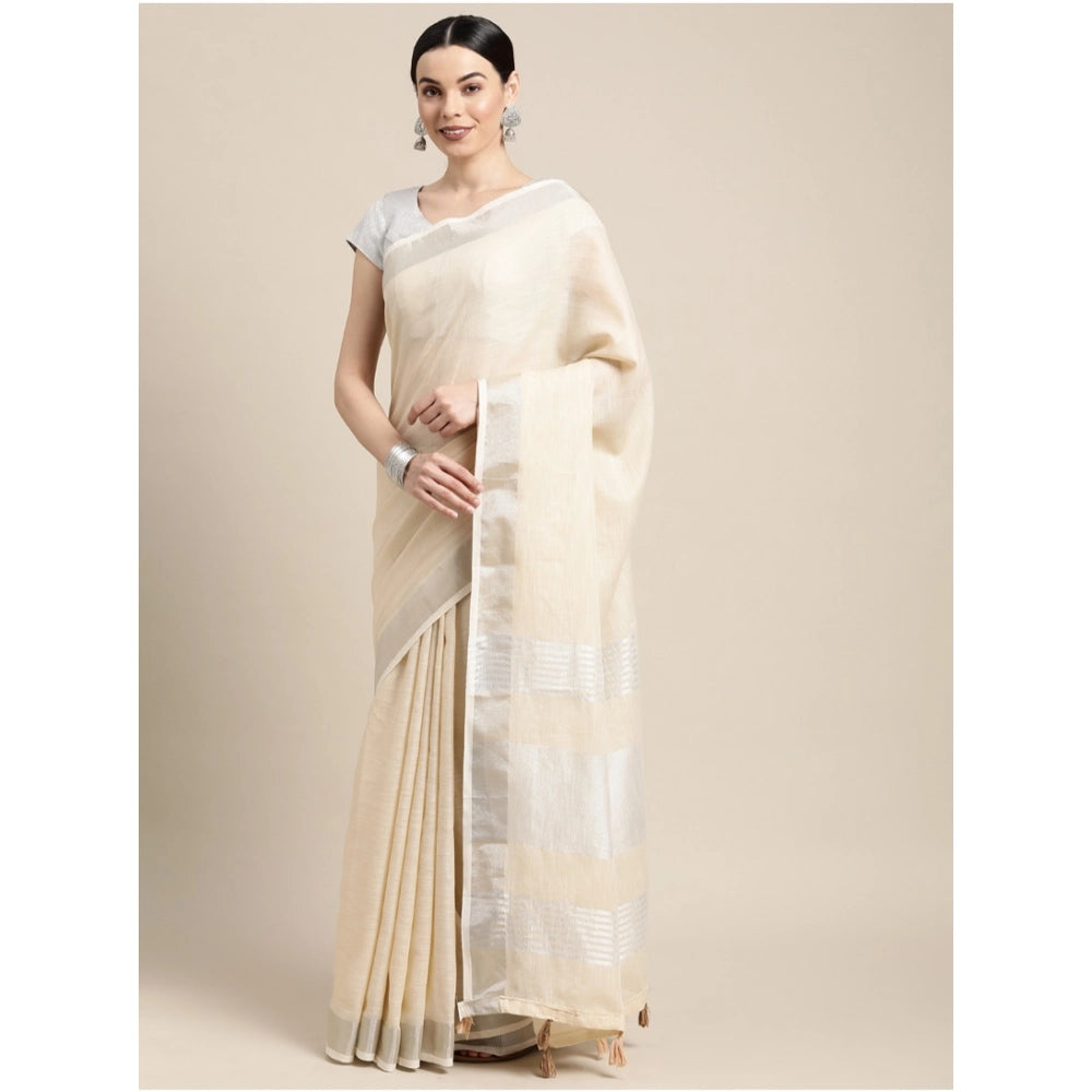 Women'S Linen Cotton Printed Saree With Unstitched Blouse 5.5M