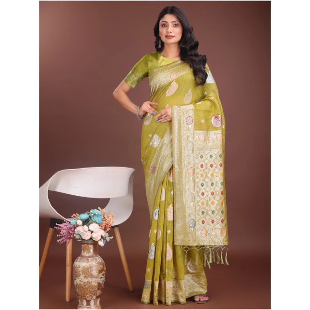 Women'S Linen Cotton Printed Saree With Unstitched Blouse 5.5M