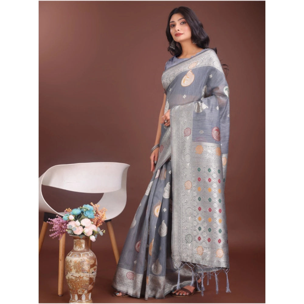 Women'S Linen Cotton Printed Saree With Unstitched Blouse 5.5M