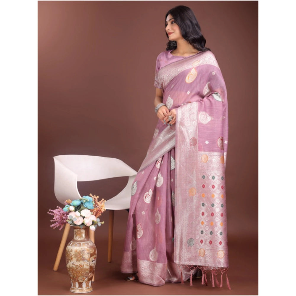 Women'S Linen Cotton Printed Saree With Unstitched Blouse 5.5M