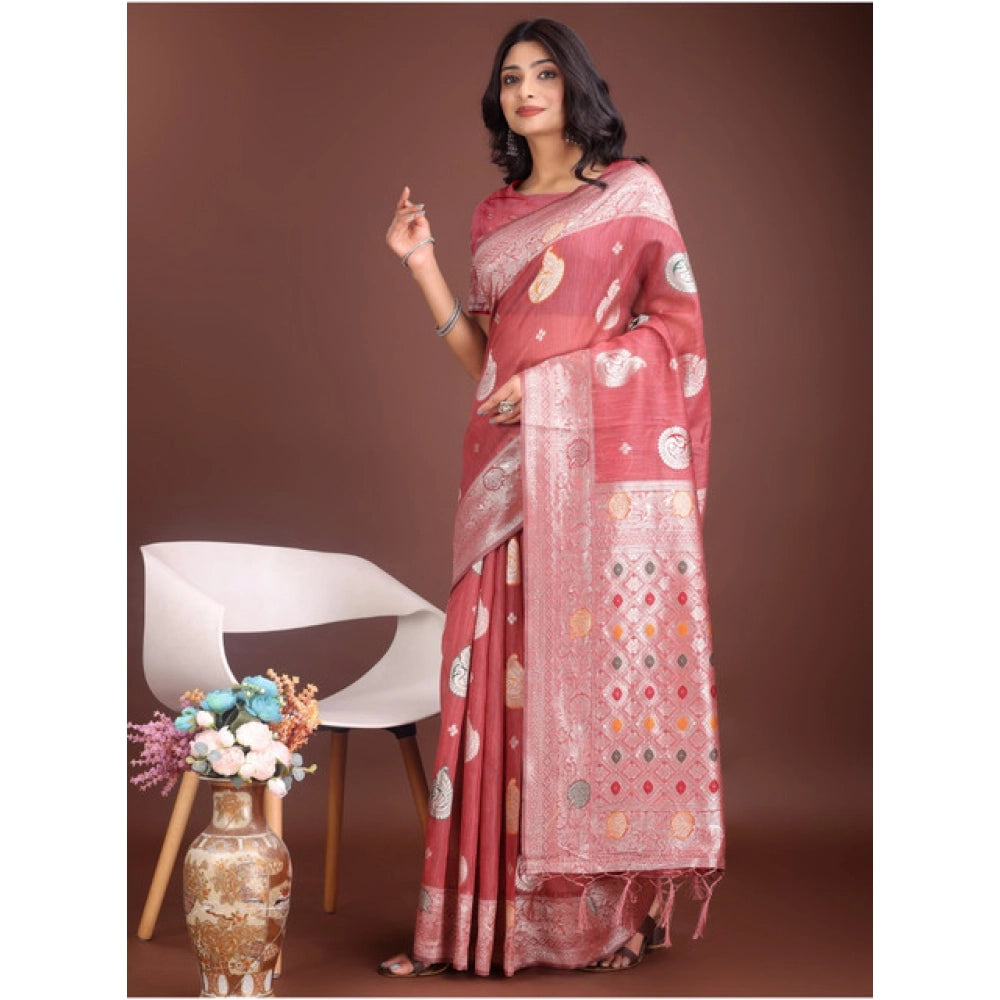 Women'S Linen Cotton Printed Saree With Unstitched Blouse 5.5M