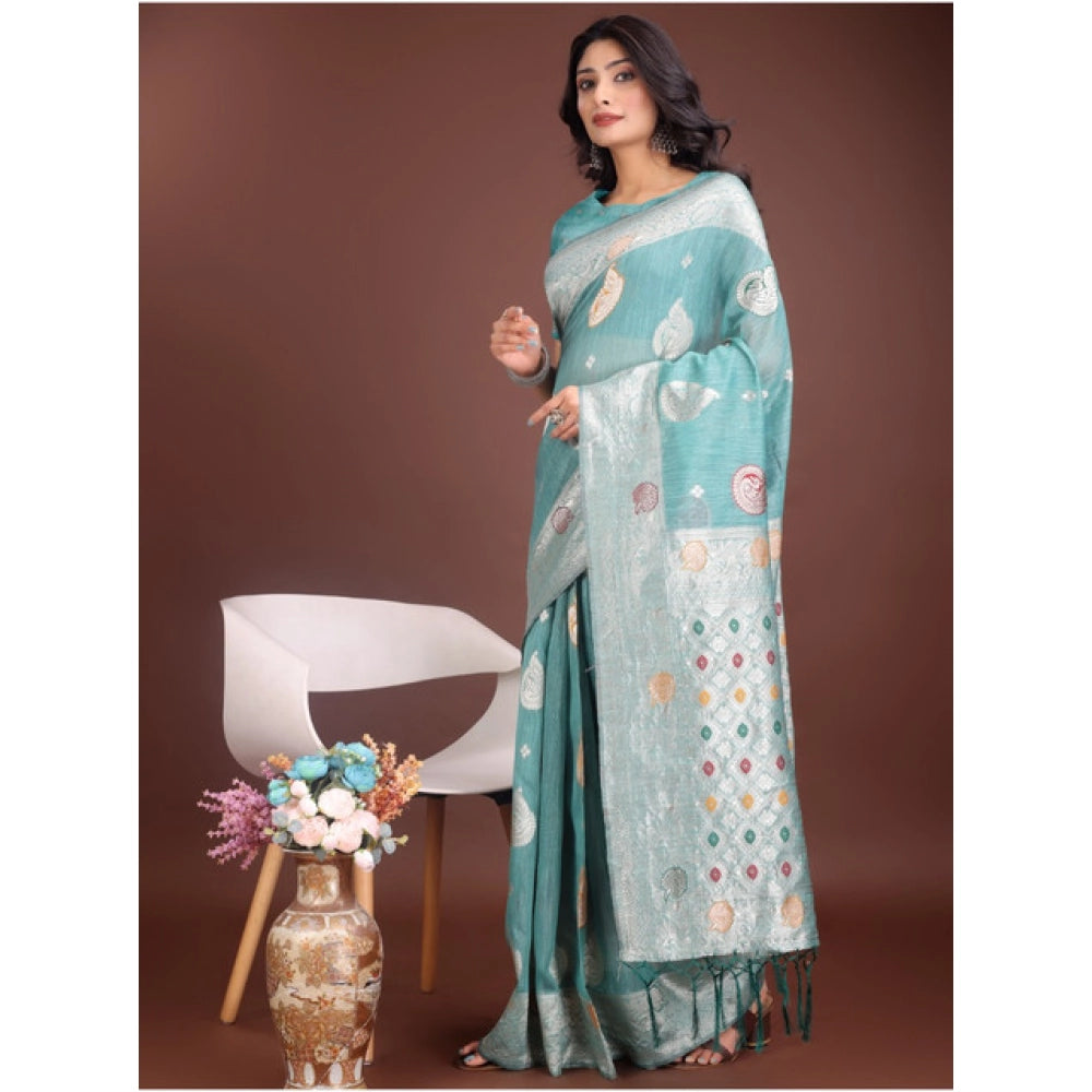 Women'S Linen Cotton Printed Saree With Unstitched Blouse 5.5M