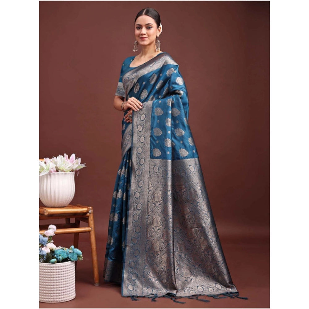 Women'S Banarasi Silk Printed Saree With Unstitched Blouse 5.5