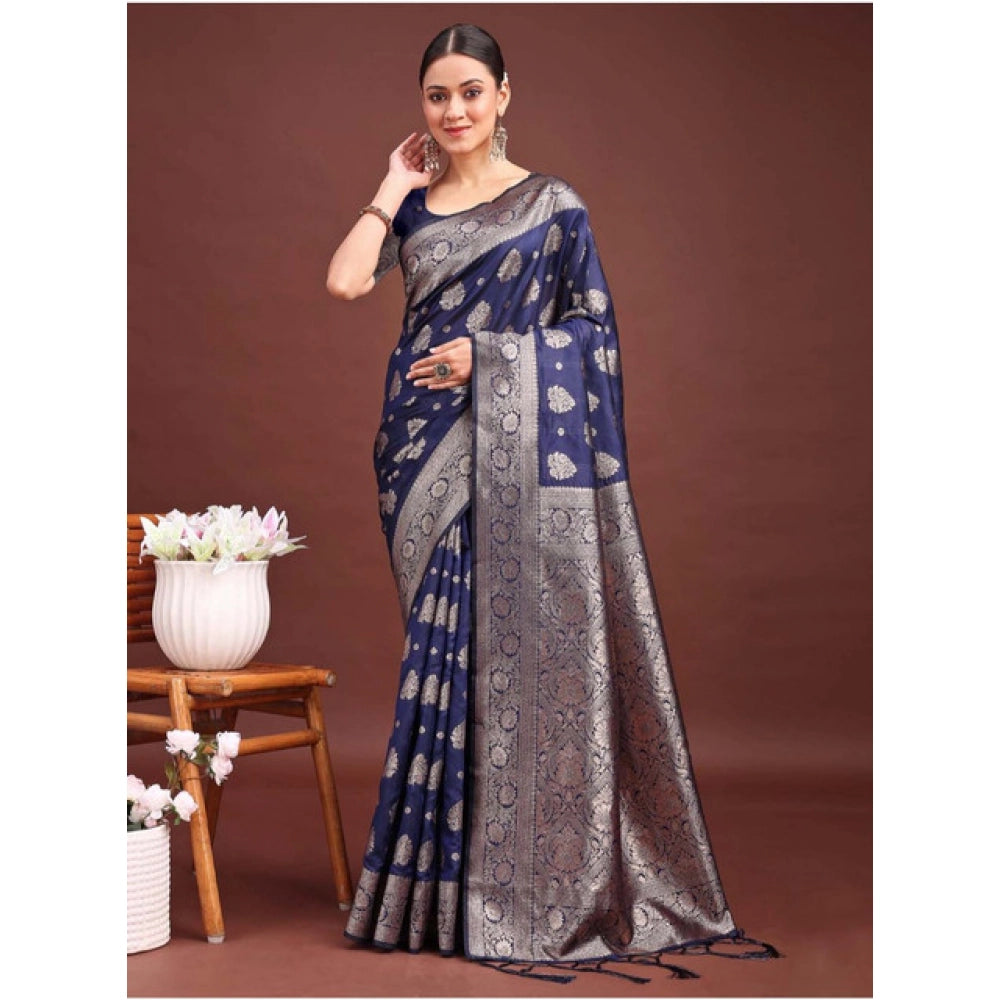Women'S Banarasi Silk Printed Saree With Unstitched Blouse 5.5