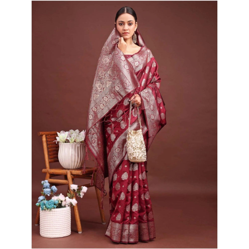 Women'S Banarasi Silk Printed Saree With Unstitched Blouse 5.5