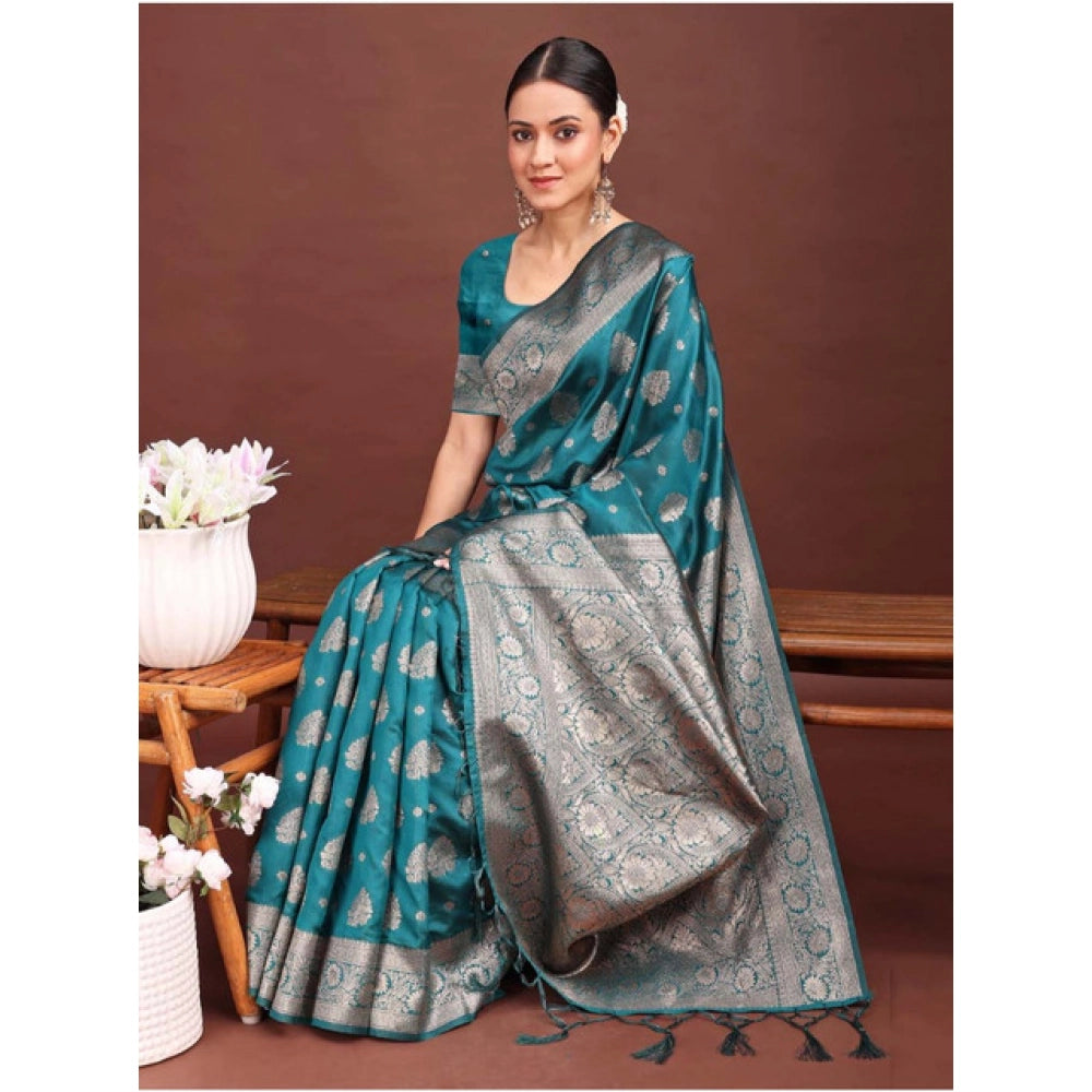 Women'S Banarasi Silk Printed Saree With Unstitched Blouse 5.5