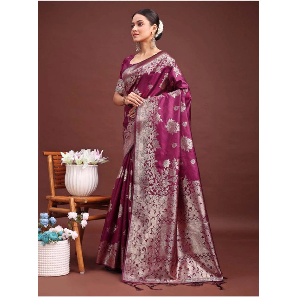 Women'S Banarasi Silk Printed Saree With Unstitched Blouse 5.5