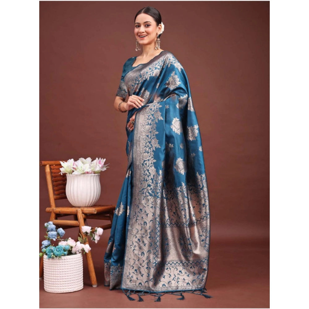 Women'S Banarasi Silk Printed Saree With Unstitched Blouse 5.5