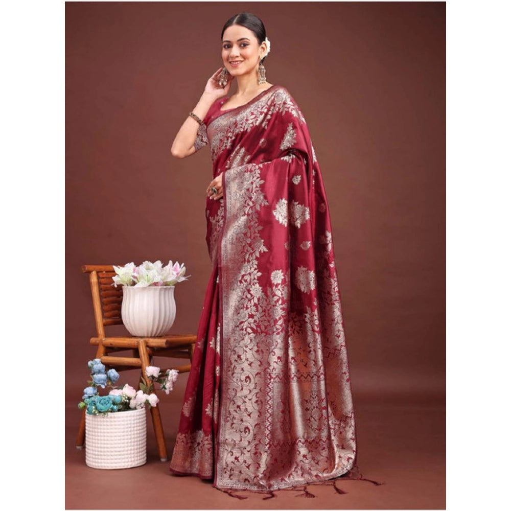 Women'S Banarasi Silk Printed Saree With Unstitched Blouse 5.5
