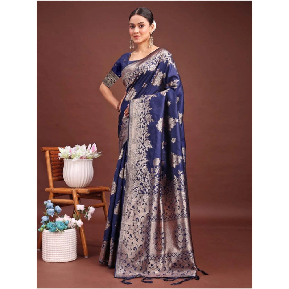 Women'S Banarasi Silk Printed Saree With Unstitched Blouse 5.5