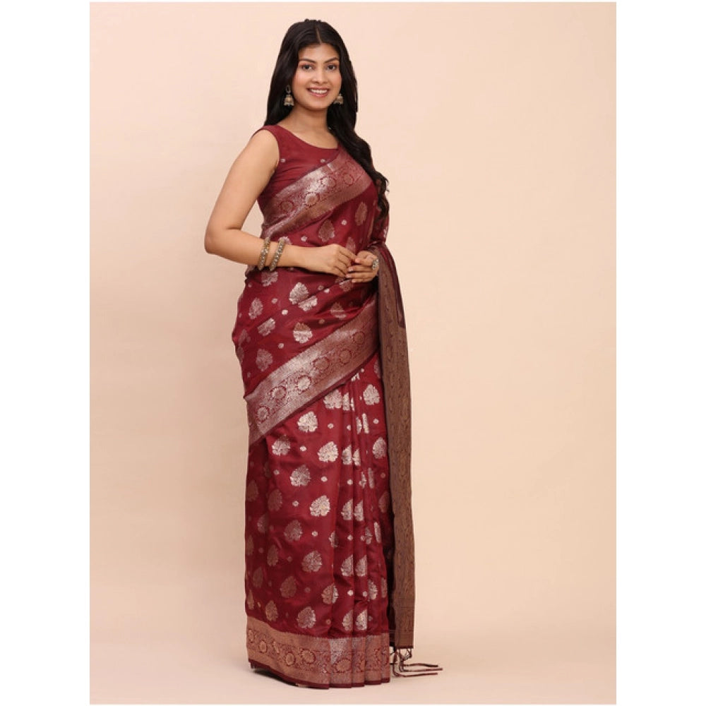 Women'S Banarasi Silk Printed Saree With Unstitched Blouse 5.5