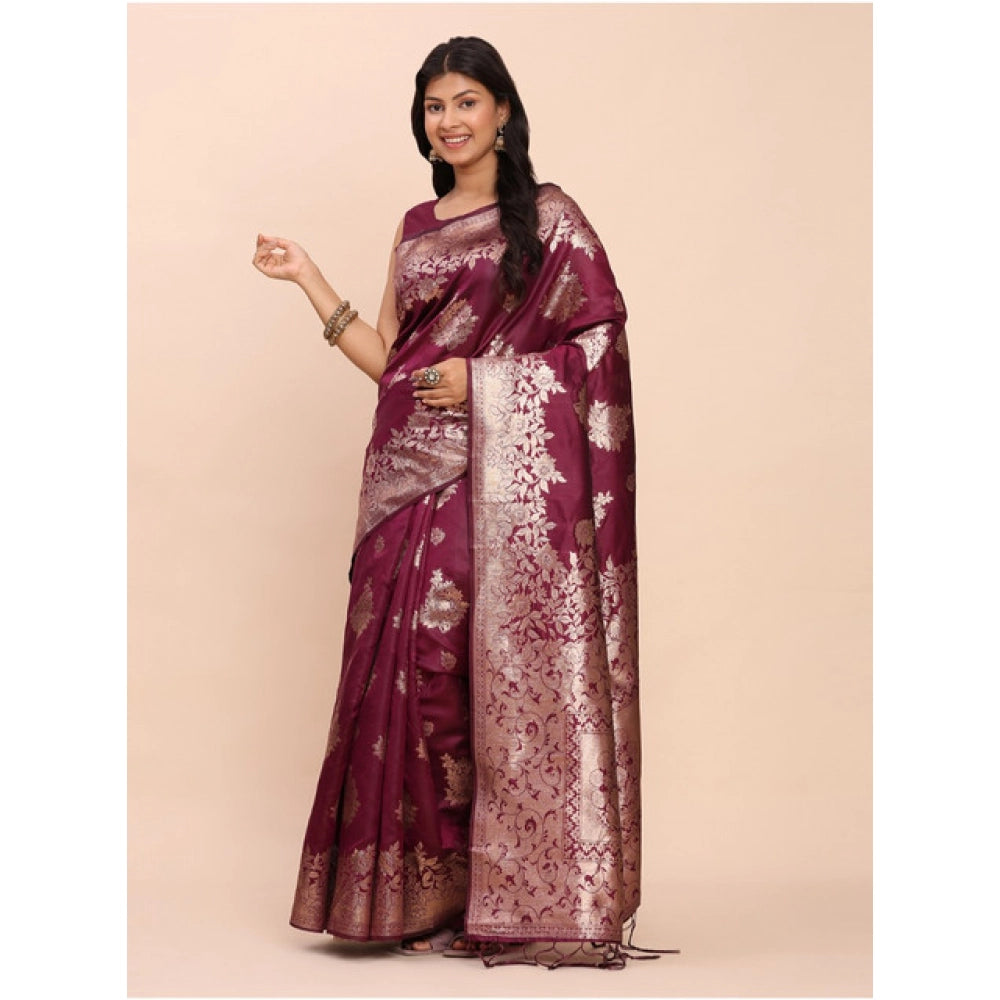 Women'S Banarasi Silk Printed Saree With Unstitched Blouse 5.5
