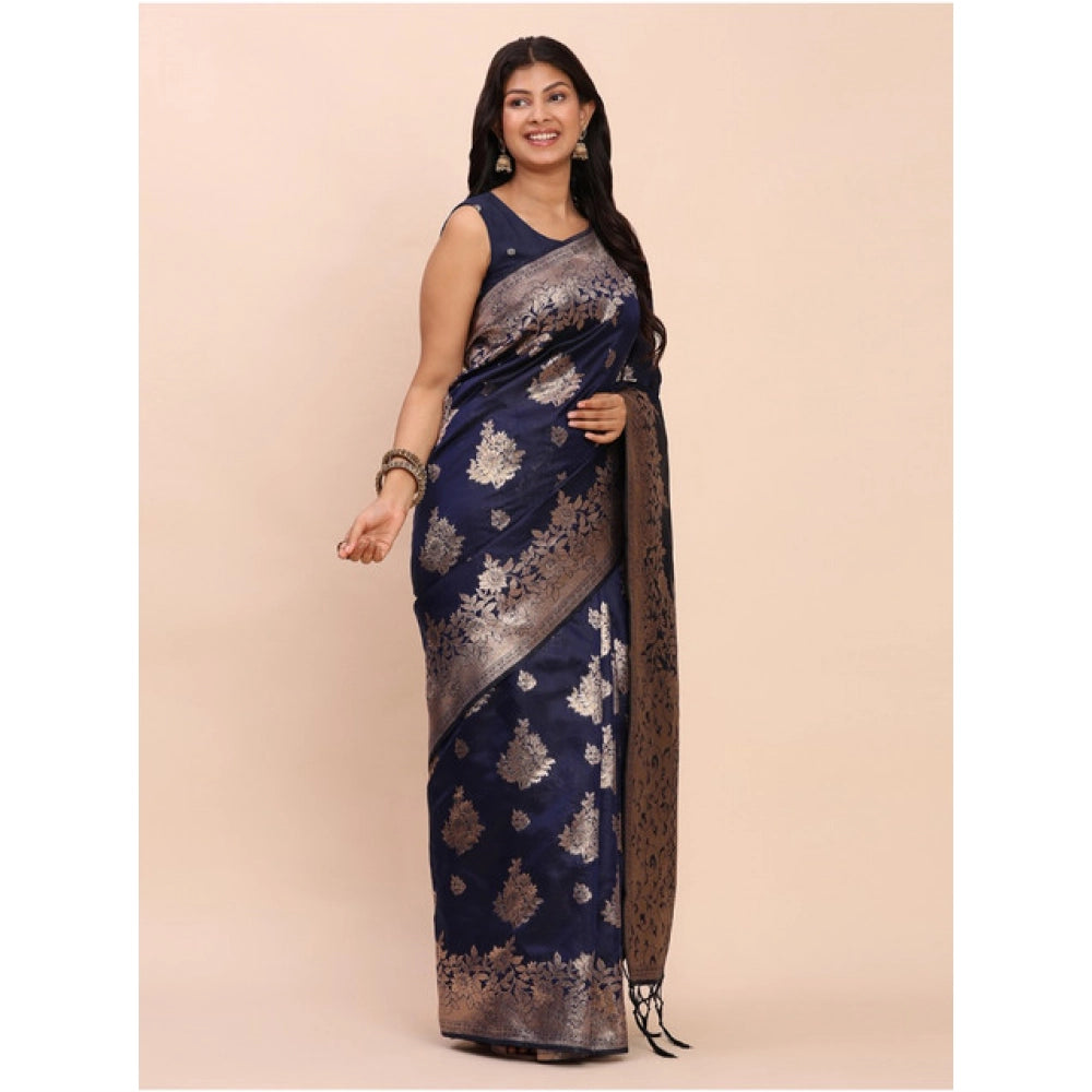 Women'S Banarasi Silk Printed Saree With Unstitched Blouse 5.5