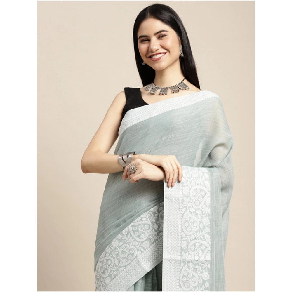 Women'S Linen Printed Saree With Unstitched Blouse 5.5Mtr (Sea