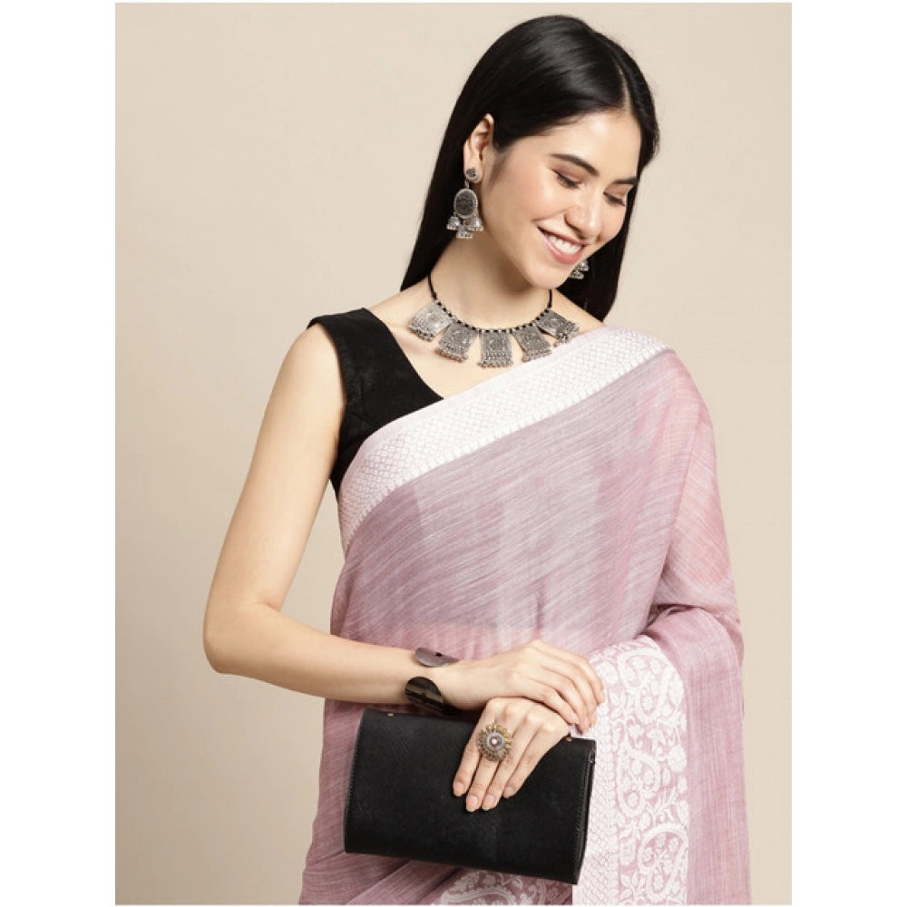 Women'S Linen Printed Saree With Unstitched Blouse 5.5Mtr (Pur
