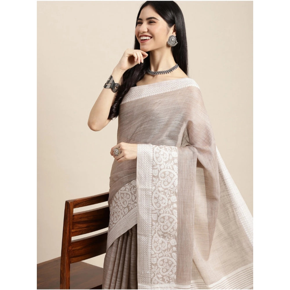 Women'S Linen Printed Saree With Unstitched Blouse 5.5Mtr (Bei