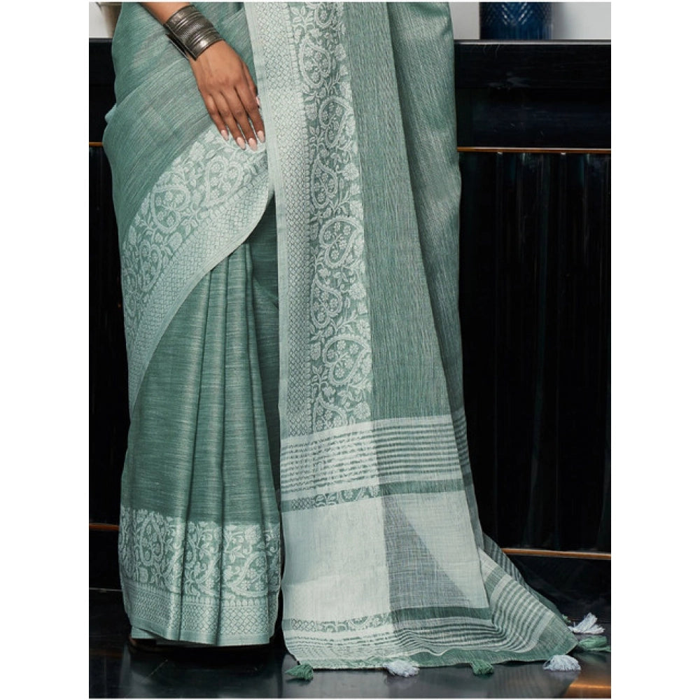 Women'S Linen Printed Saree With Unstitched Blouse 5.5Mtr (Sea