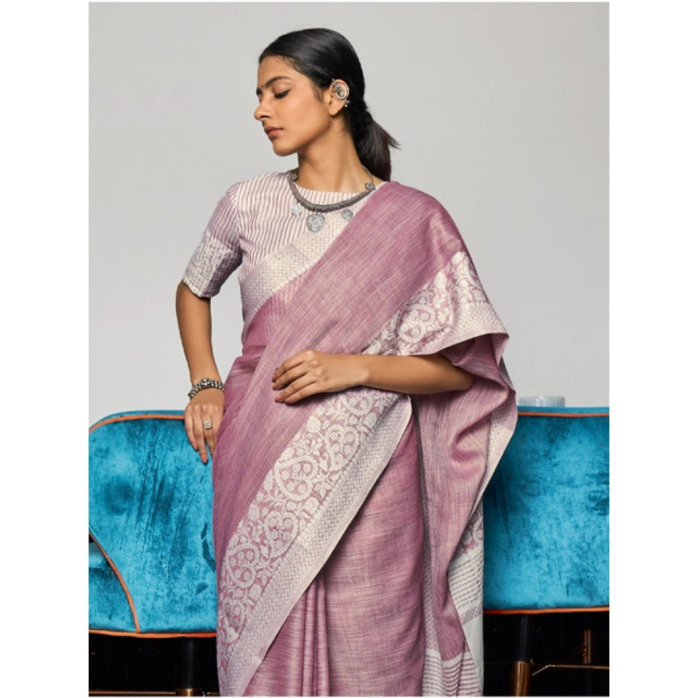 Women'S Linen Printed Saree With Unstitched Blouse 5.5Mtr (Pur