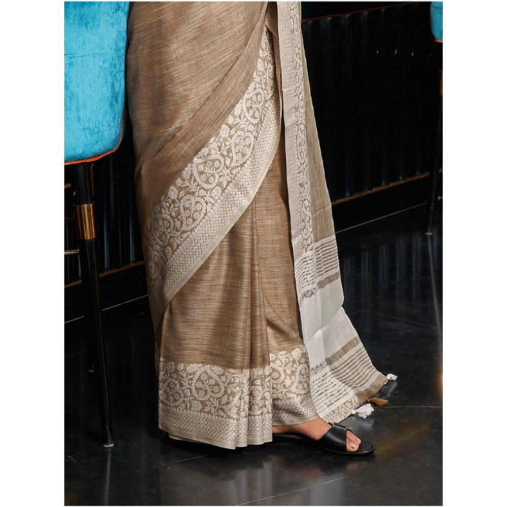 Women'S Linen Printed Saree With Unstitched Blouse 5.5Mtr (Bei