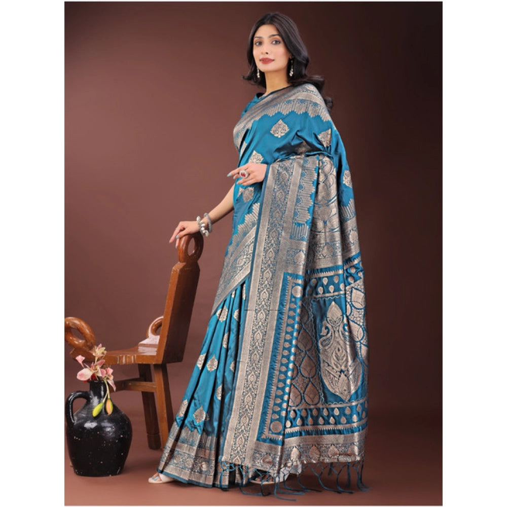 Women'S Silk Printed Saree With Unstitched Blouse 5.5Mtr (Teal