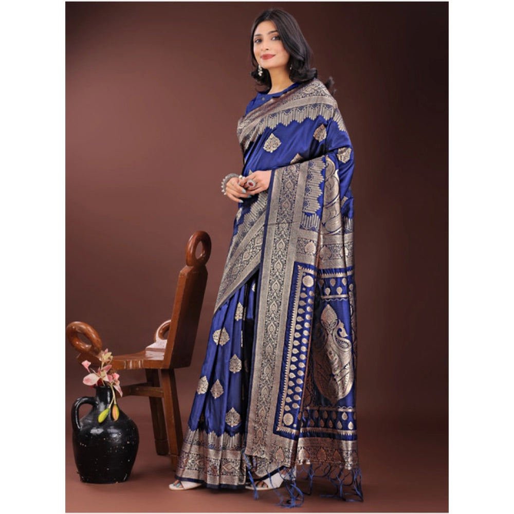Women'S Silk Printed Saree With Unstitched Blouse 5.5Mtr (Navy