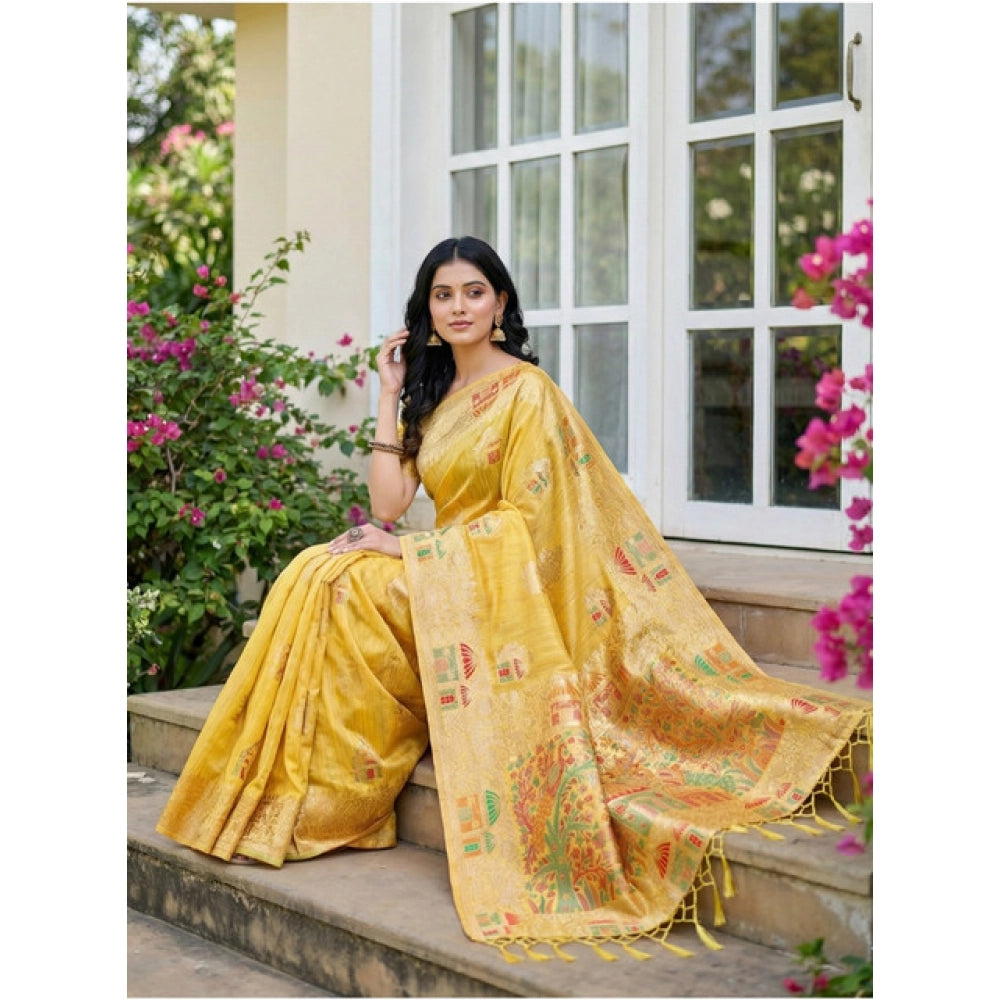 Women'S Linen Cotton Printed Saree With Unstitched Blouse 5.5M