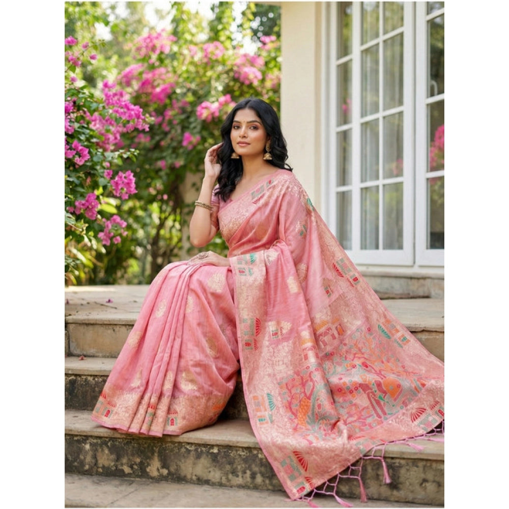 Women'S Linen Cotton Printed Saree With Unstitched Blouse 5.5M