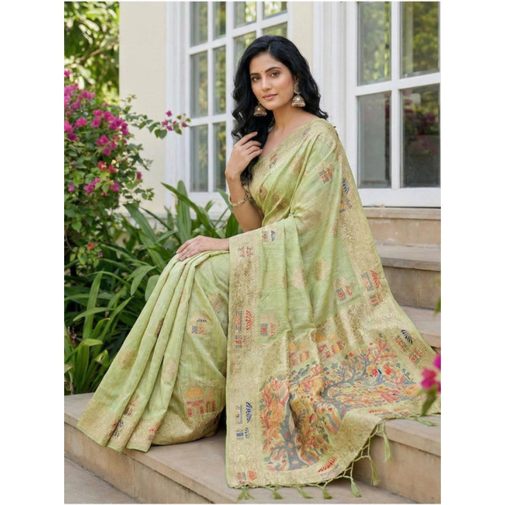 Women'S Linen Cotton Printed Saree With Unstitched Blouse 5.5M