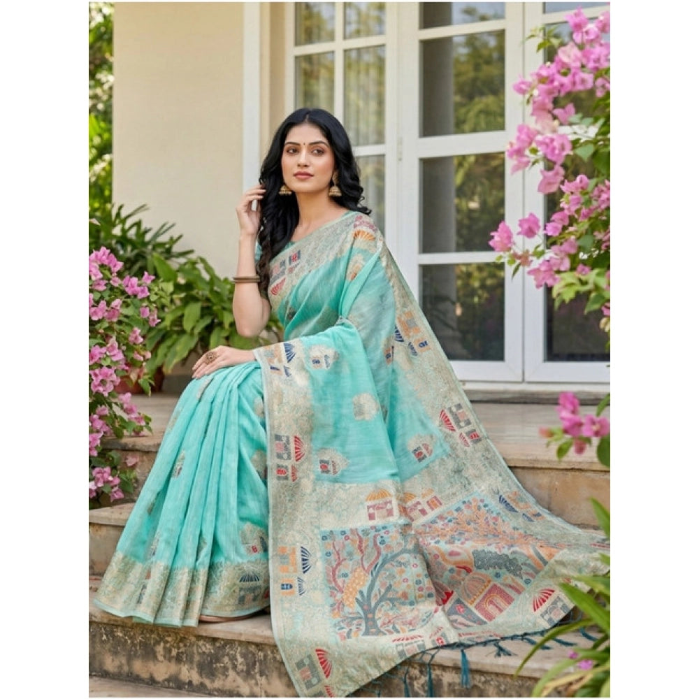 Women'S Linen Cotton Printed Saree With Unstitched Blouse 5.5M
