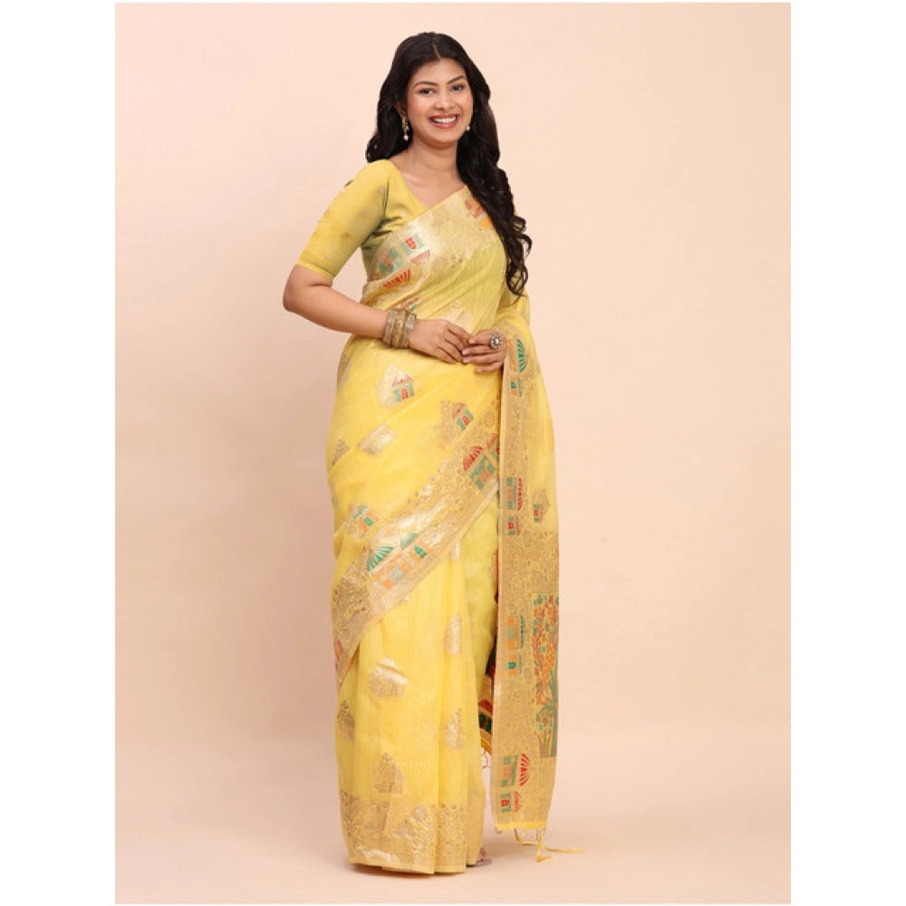 Women'S Linen Cotton Printed Saree With Unstitched Blouse 5.5M