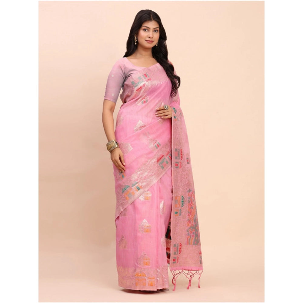 Women'S Linen Cotton Printed Saree With Unstitched Blouse 5.5M