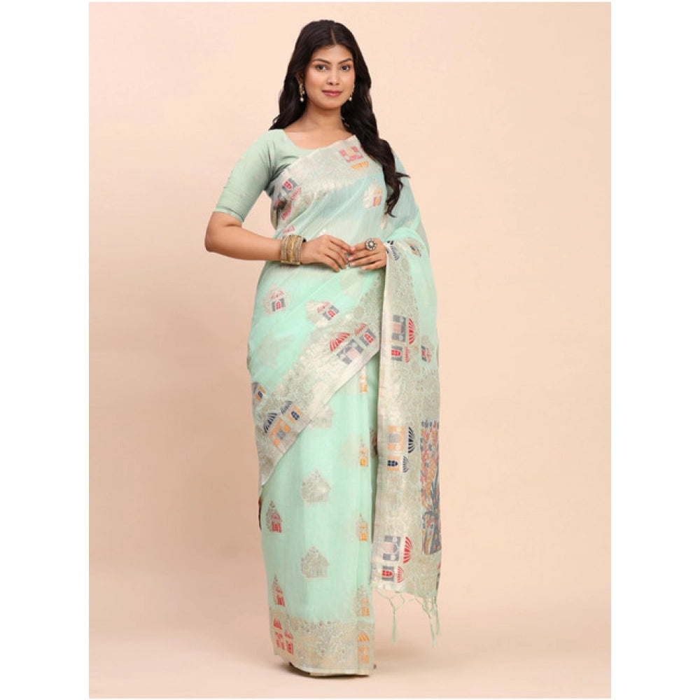 Women'S Linen Cotton Printed Saree With Unstitched Blouse 5.5M
