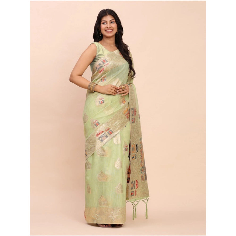 Women'S Linen Cotton Printed Saree With Unstitched Blouse 5.5M