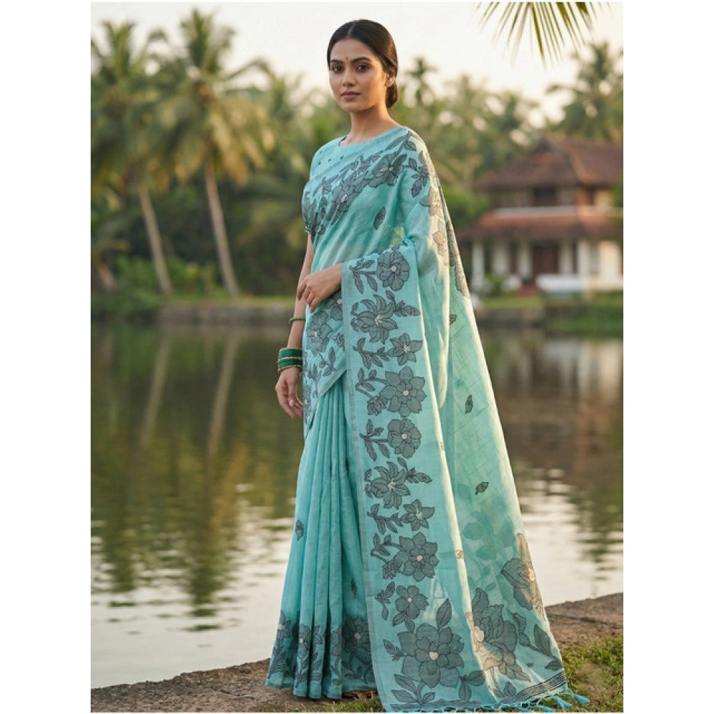 Women'S Linen Cotton Printed Saree With Unstitched Blouse 5.5M