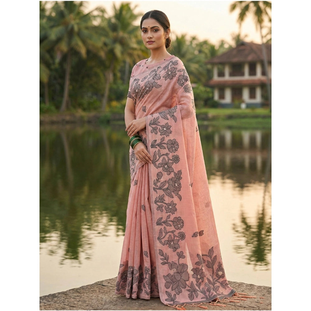 Women'S Linen Cotton Printed Saree With Unstitched Blouse 5.5M