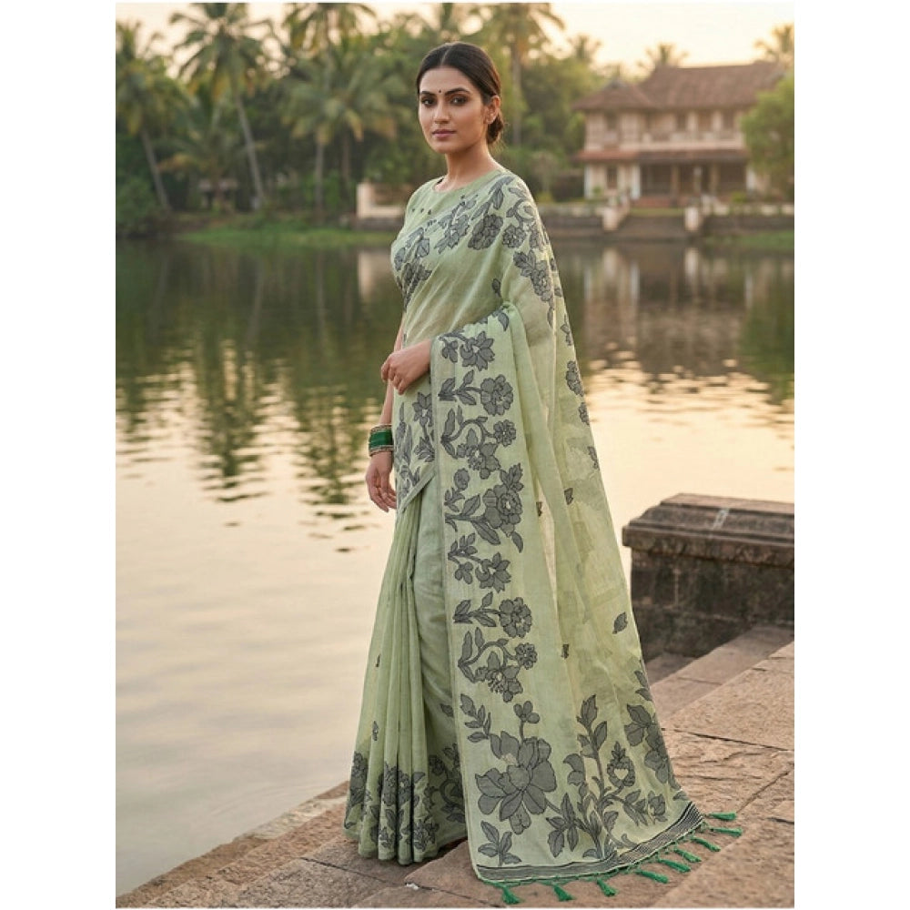 Women'S Linen Cotton Printed Saree With Unstitched Blouse 5.5M