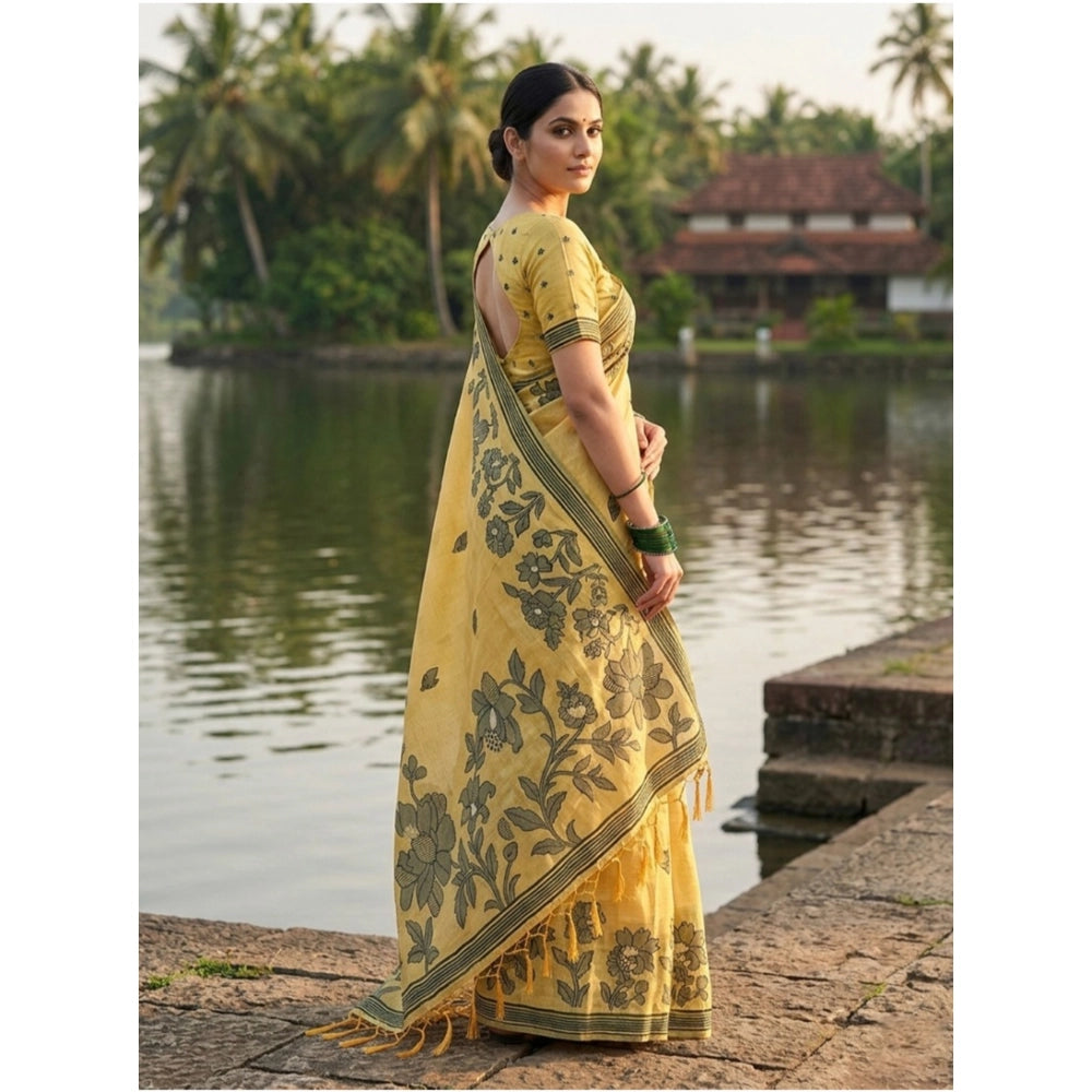 Women'S Linen Cotton Printed Saree With Unstitched Blouse 5.5M