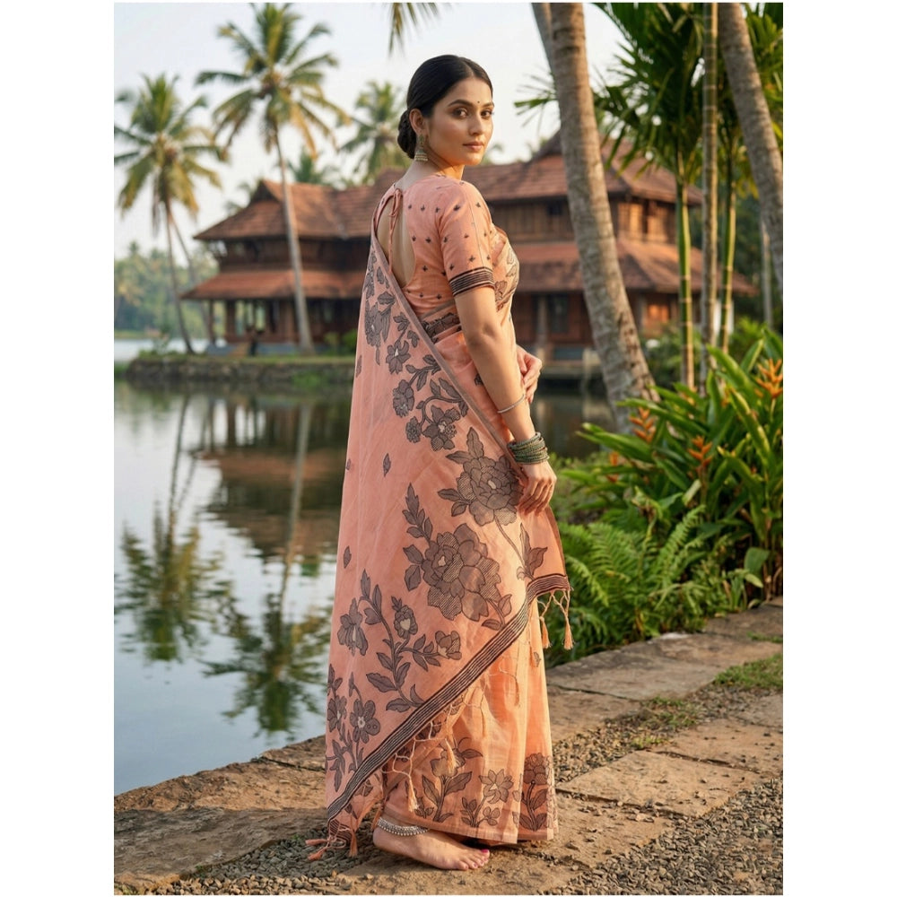 Women'S Linen Cotton Printed Saree With Unstitched Blouse 5.5M