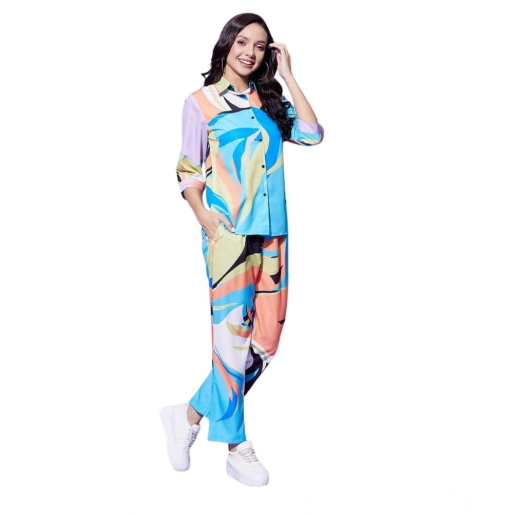 Women's Polyester Colour Blocking 3-4th Sleeve Co-Ord Set (Multicolor)