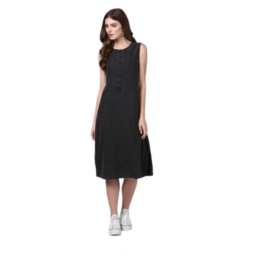 Women's Denim Solid Sleeveless Dress (Black)
