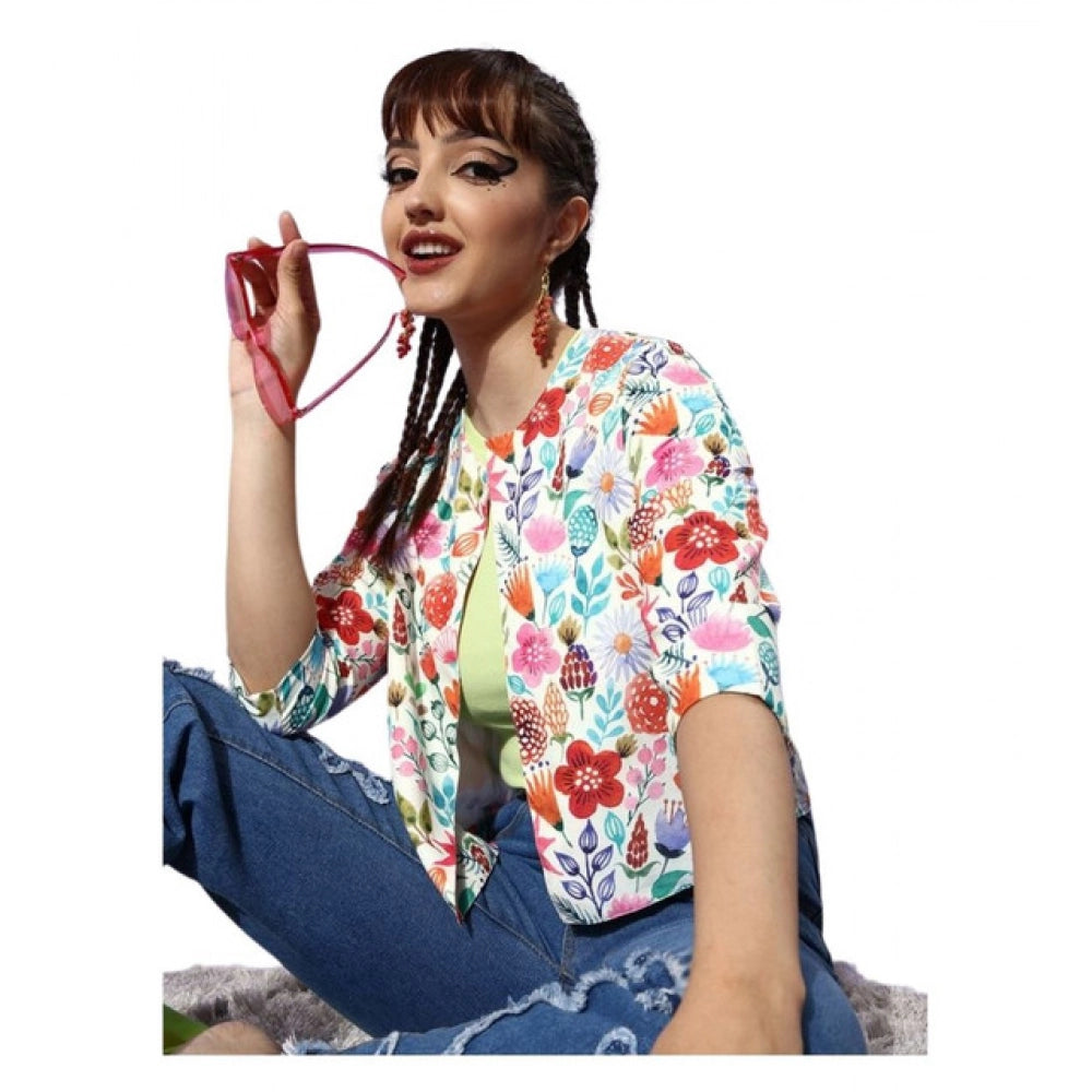 Women's Polyester Floral 3-4th Sleeves Shrug (Multicolor)