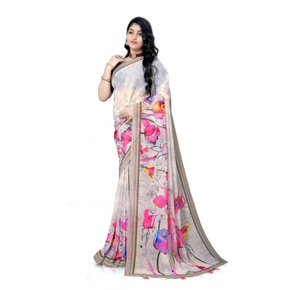 Women's Georgette Floral Printed Saree With Unstitched Blouse 5.5Mtr (Beige) - VANSHELLE