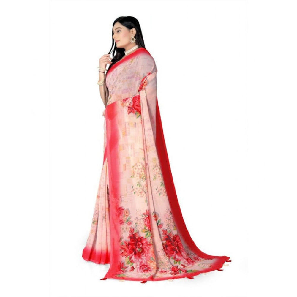 Women's Georgette Floral Printed Saree With Unstitched Blouse 5.5Mtr (Red) - VANSHELLE