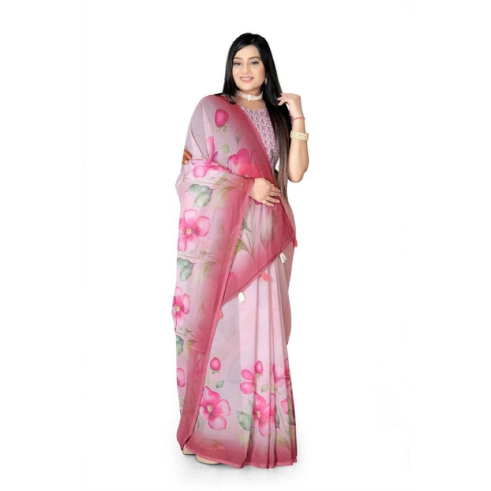 Women's Georgette Floral Printed Saree With Unstitched Blouse 5.5Mtr (Rose Pink) - VANSHELLE