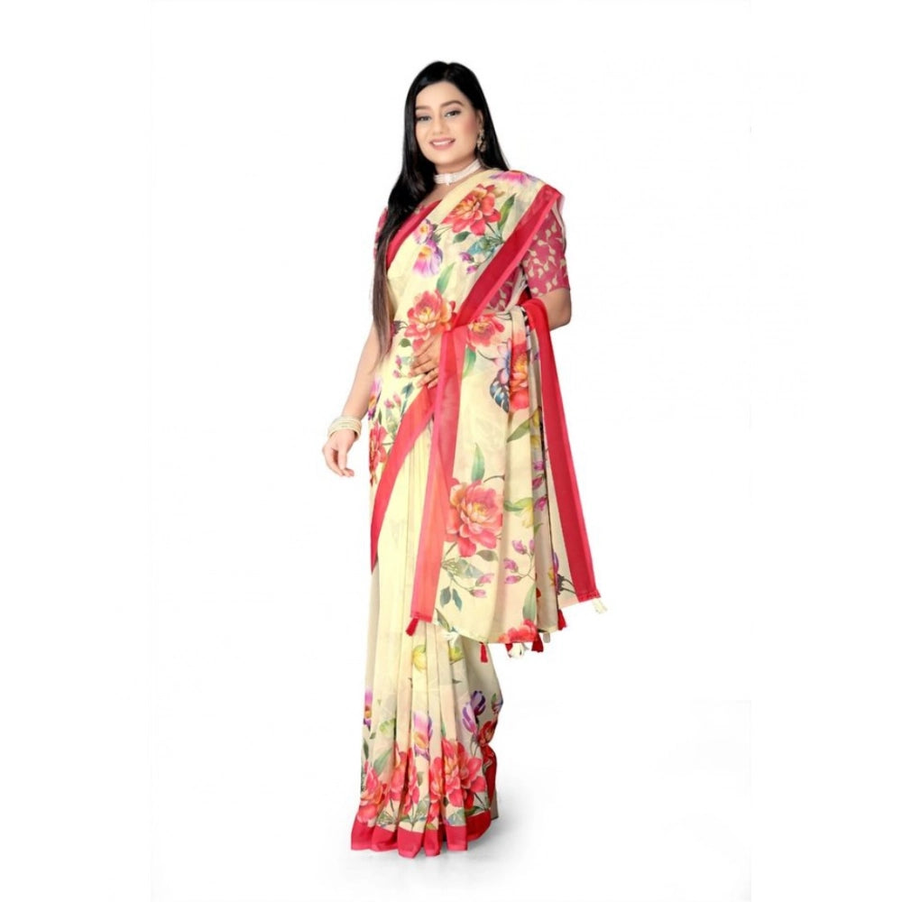 Women's Georgette Floral Printed Saree With Unstitched Blouse 5.5Mtr (Yellow) - VANSHELLE