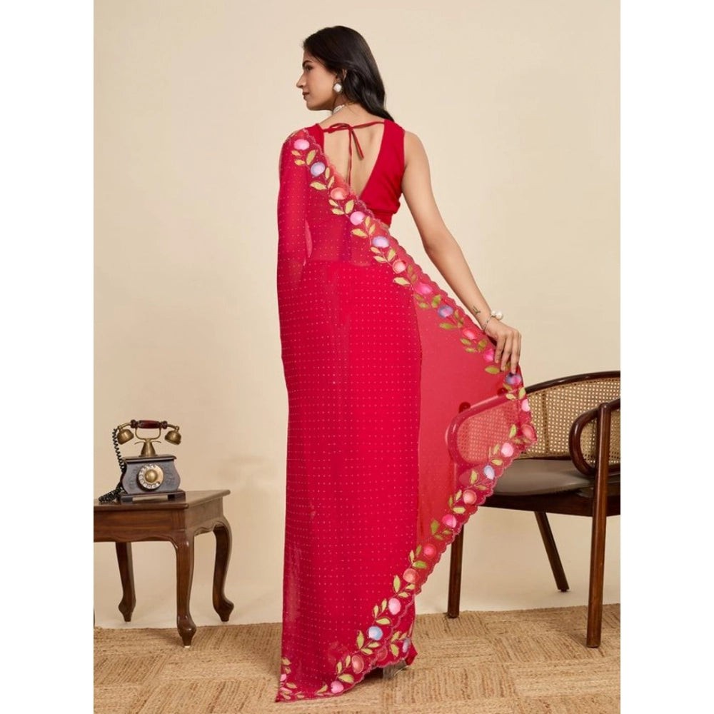 Women's Georgette Printed Saree With Unstitched Blouse 5.5Mtr (Red) - VANSHELLE