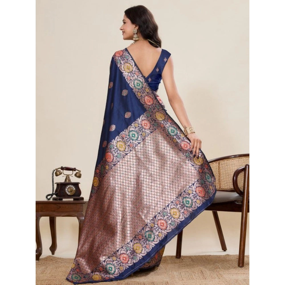 Women's Faux_Banarasi_Silk Woven Saree With Unstitched Blouse 5.5Mtr (Navy_Blue) - VANSHELLE