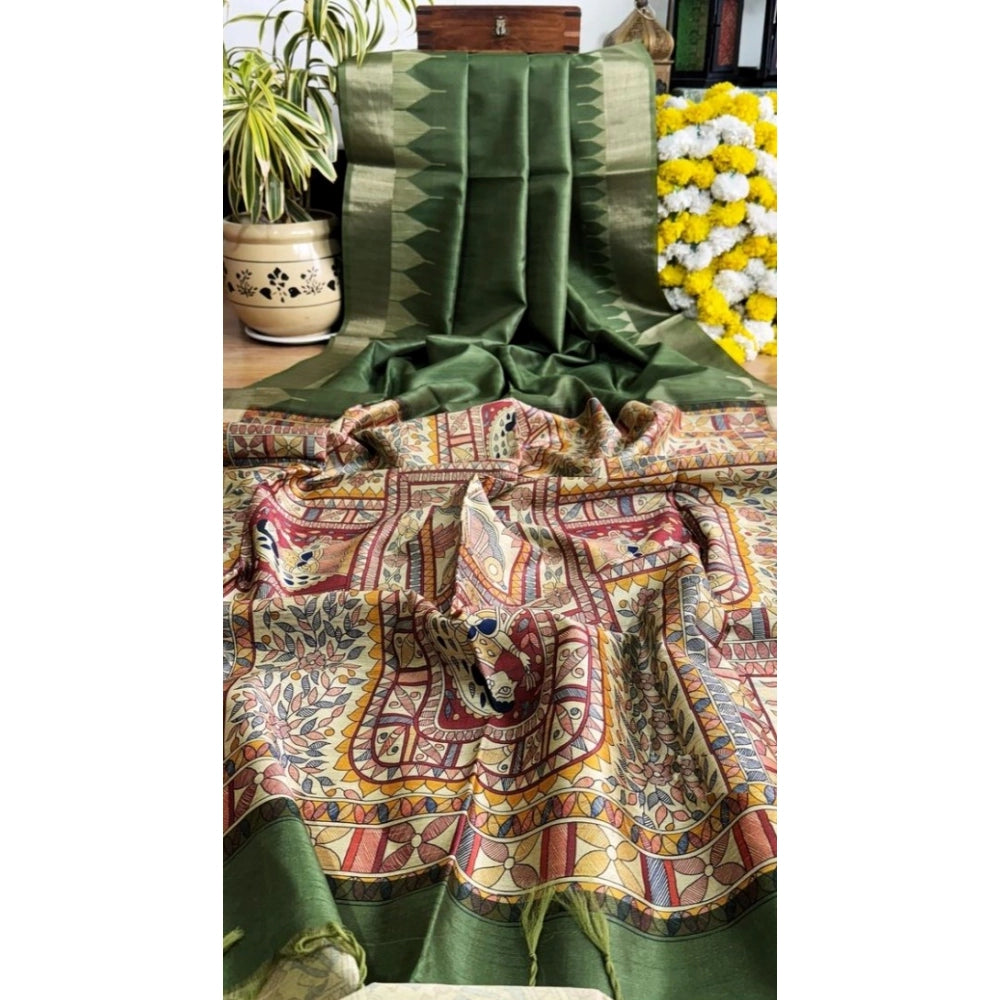 Women's Tussar Silk Madhubani Saree With Unstitched Blouse 5.5Mtr (Green) - VANSHELLE